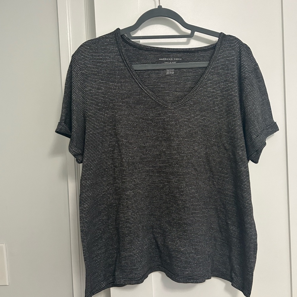 American Eagle Soft and Sexy Plush Grey Striped V-Neck Size XL
